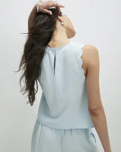 Blue Linen Blend Scallop Trim Tank Top