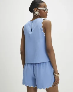 Blue Linen Blend Scallop Trim Shorts
