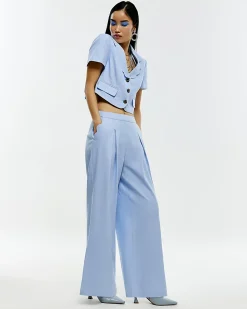 Blue Linen Blend Scallop Wide Leg Trousers