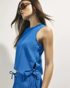 Blue Linen Blend Sleeveless Tie Side Tank Top