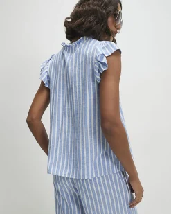 Blue Linen Blend Stripe Frill Blouse