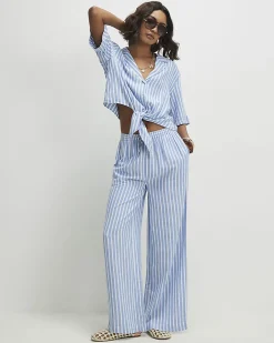 Blue Linen Blend Stripe Trousers