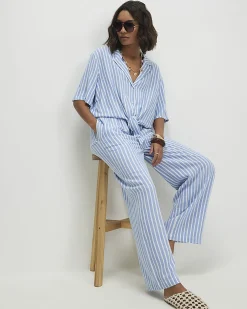 Blue Linen Blend Stripe Trousers