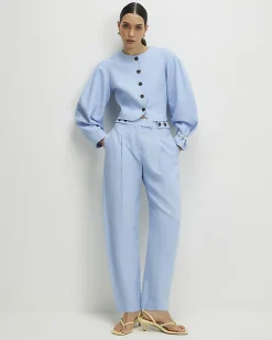Blue Linen Blend Tailored Barrel Trousers
