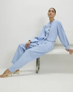 Blue Linen Blend Tailored Barrel Trousers