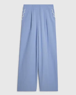 Blue Linen Blend Wide Leg Trousers