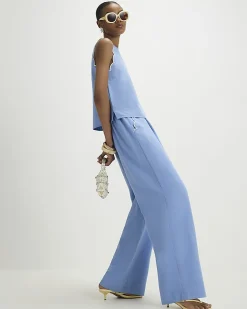 Blue Linen Blend Wide Leg Trousers