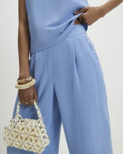 Blue Linen Blend Wide Leg Trousers