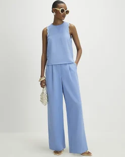 Blue Linen Blend Wide Leg Trousers