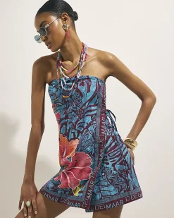 Blue Linen Blend Wrap Mini Playsuit