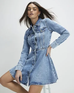 Blue Long Sleeve Denim Mini Shirt Dress