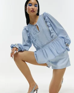 Blue Long Sleeve Lace Insert Blouse