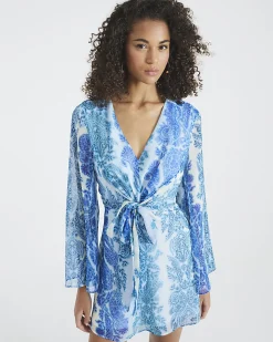Blue Long Sleeve Tie Front Paisley Mini Dress