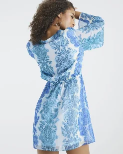 Blue Long Sleeve Tie Front Paisley Mini Dress
