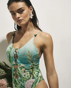 Blue Lotus Floral Print Ring Swimsuit