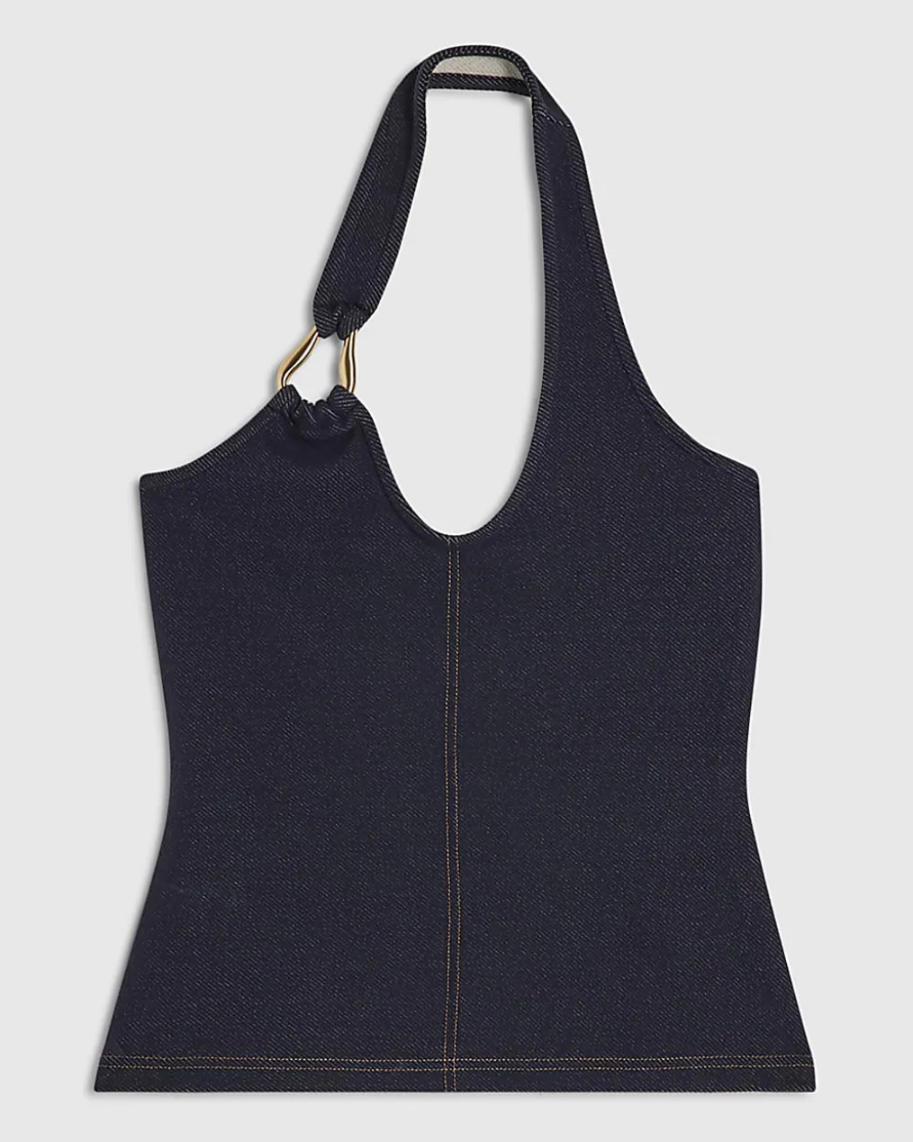 Blue Metal Ring Halter Neck Denim Top