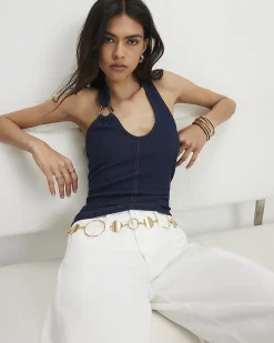 Blue Metal Ring Halter Neck Denim Top