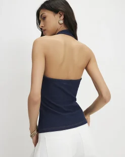 Blue Metal Ring Halter Neck Denim Top