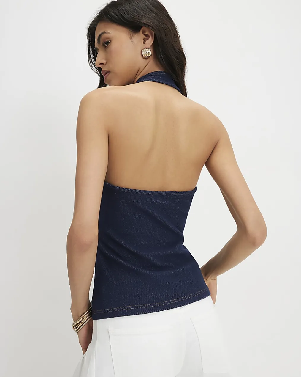 Blue Metal Ring Halter Neck Denim Top