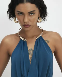 Blue Metal Trim Cowl Neck Jumpsuit