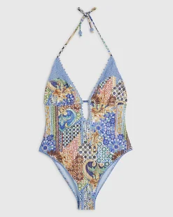 Blue Metallic Abstract Print Plunge Swimsuit