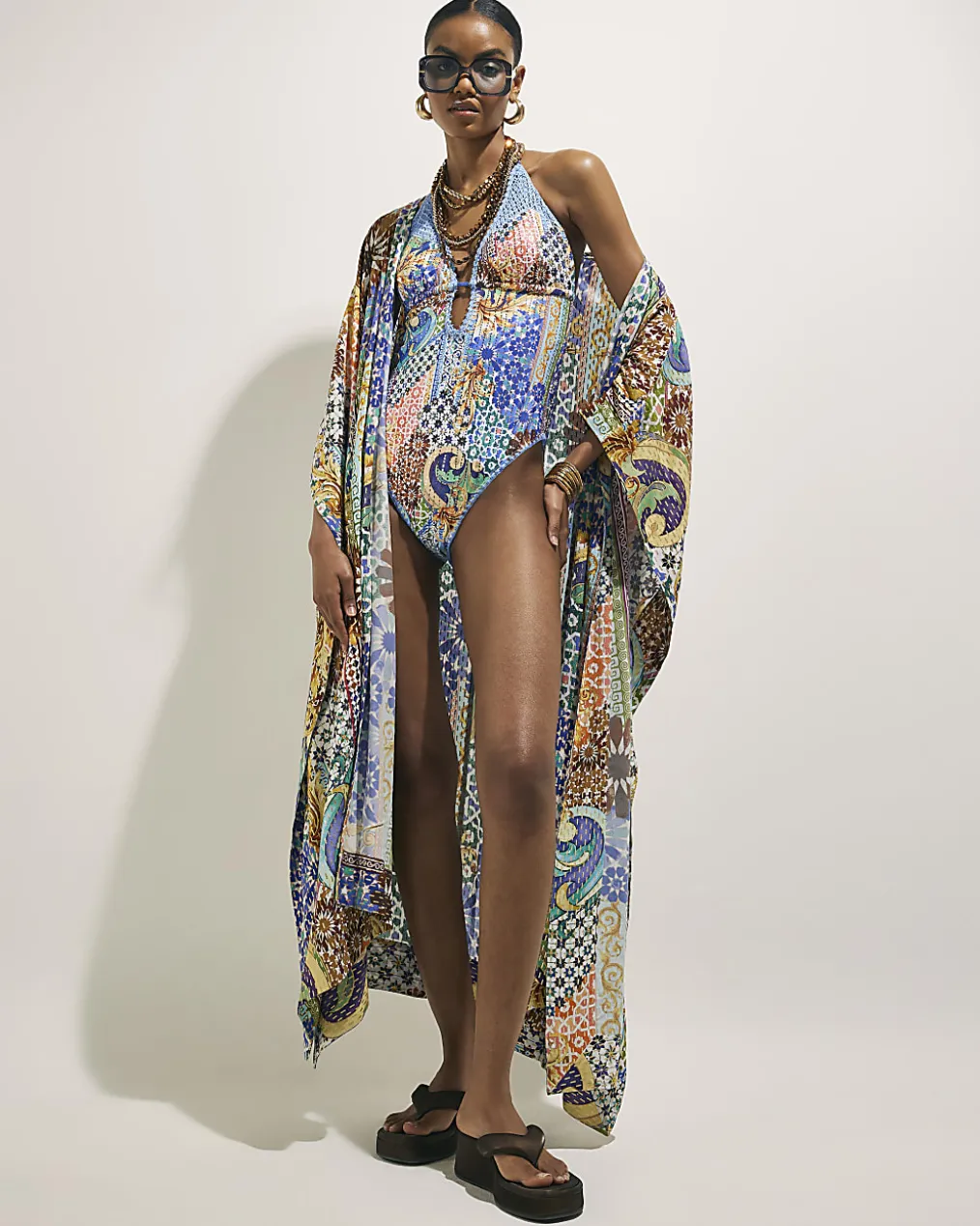 Blue Metallic Abstract Print Plunge Swimsuit