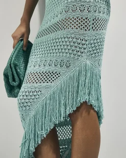 Blue Metallic Knit Asymmetric Midi Dress
