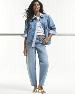 Blue Mid Rise Barrel Leg Jeans