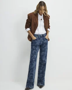 Blue Mid Rise Floral Bootcut Jeans