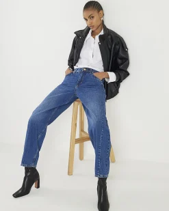 Blue Mid Rise Seamed Barrel Leg Jeans