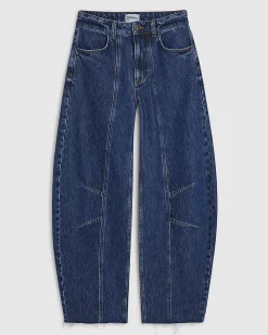 Blue Mid Rise Seamed Raw Hem Barrel Jeans