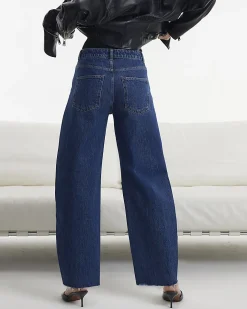 Blue Mid Rise Seamed Raw Hem Barrel Jeans