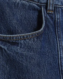 Blue Mid Rise Seamed Raw Hem Barrel Jeans