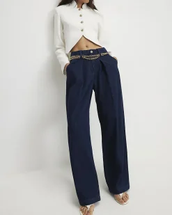 Blue Mid Rise Wide Leg Belted Jeans