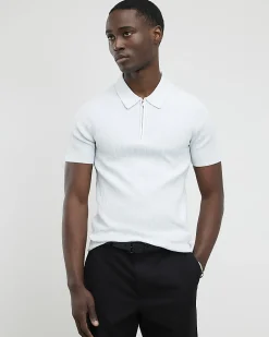 Blue Muscle Fit Ribbed Quarter Zip Polo Shirt
