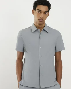 Blue Muscle Fit Stretch Ribbed Shirt