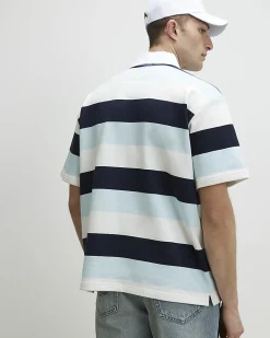 Blue Oversized Fit Striped Rugby Top