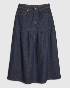 Blue Panelled Denim Midi Skirt