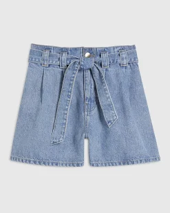 Blue Paperbag Tie Waist Denim Shorts