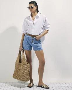 Blue Pocket Front Button Up Denim Shorts