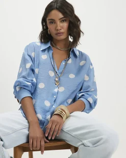 Blue Polka Dot Print Long Sleeve Shirt