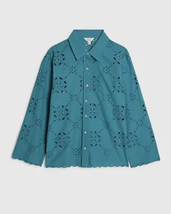 Blue Poplin Broderie Long Sleeve Shirt