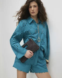 Blue Poplin Broderie Long Sleeve Shirt