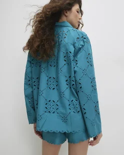 Blue Poplin Broderie Long Sleeve Shirt