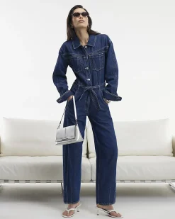 Blue Premium Belted Barrel Leg Denim Jumpsuit
