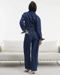 Blue Premium Belted Barrel Leg Denim Jumpsuit