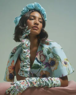 Blue Premium Long Floral Gloves