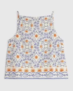 Blue Printed Linen Blend Tank Top