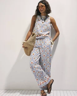 Blue Printed Linen Blend Tank Top