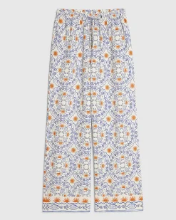 Blue Printed Linen Blend Wide Leg Trouser